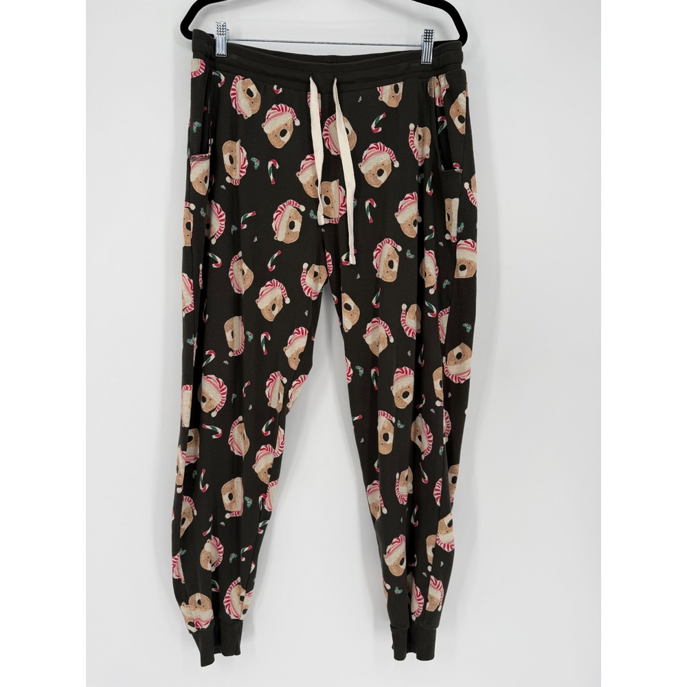 Burts Bees Womens Black Christmas Bear Candy Cane Cotton Pajama Joggers XL